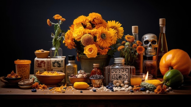 Colorido altar mexicano del Día de los Muertos con velas de caléndula