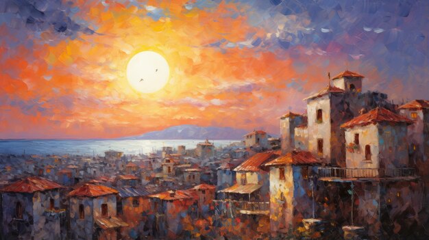 El colorido amanecer sobre la ciudad mediterránea Una pintura neomosaica