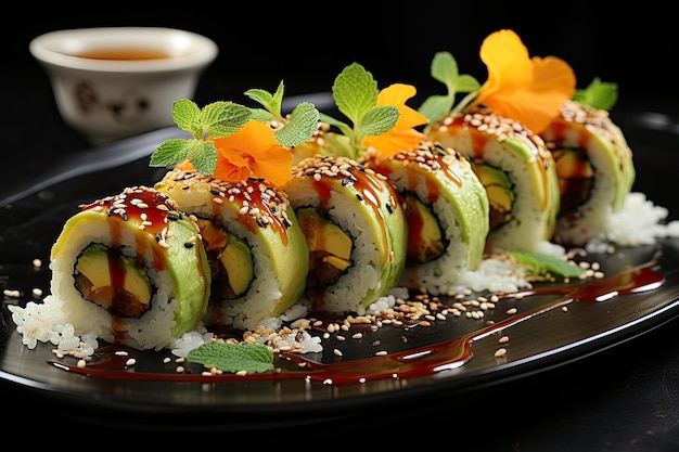 Colorido y apetitoso rollito de sushi con pepino, aguacate y mango generativo IA