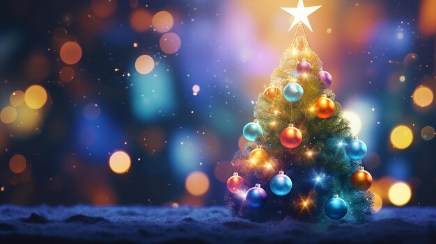 Colorido árbol de Navidad con adornos y luces brillantes borrosas