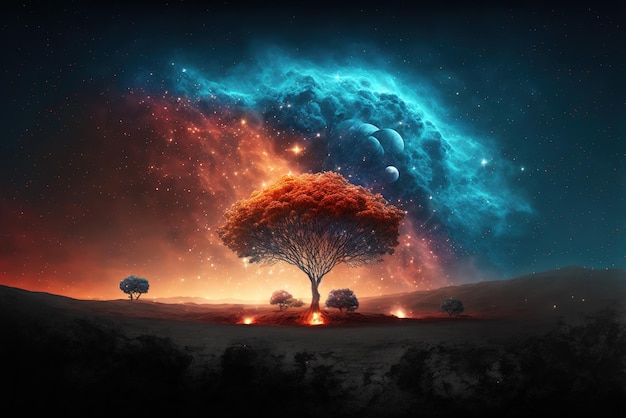 Colorido árbol de la vida frente a una galaxia