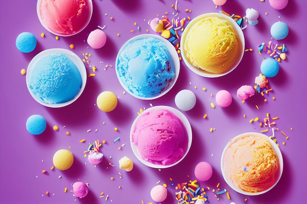 Colorido arco iris de helado con topping para fondo de alimentos