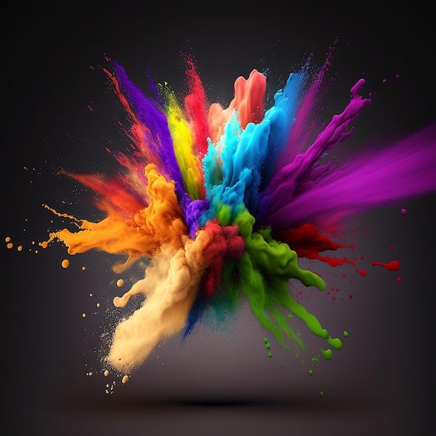 Colorido arco iris holi pintura salpicadura explosión de polvo de color sobre fondo negro IA generativa