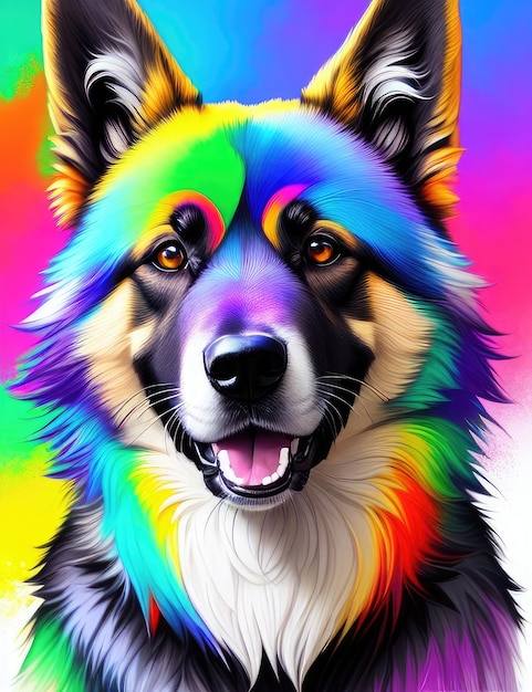 Colorido arco iris realista perro pastor alemán AI generativa