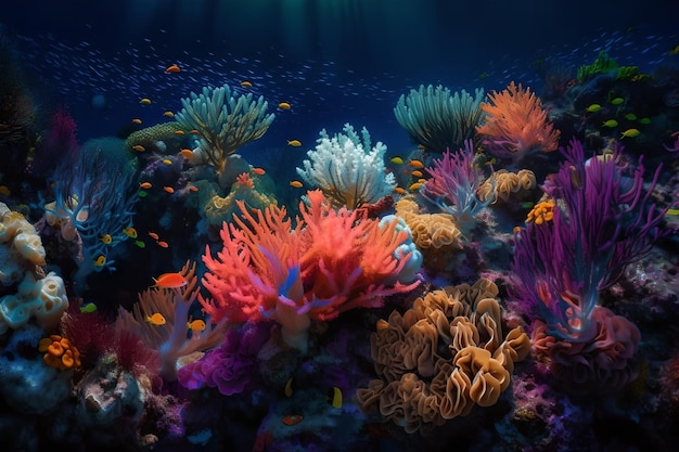 Un colorido arrecife de coral con un fondo azul y un pez nadando en el agua.