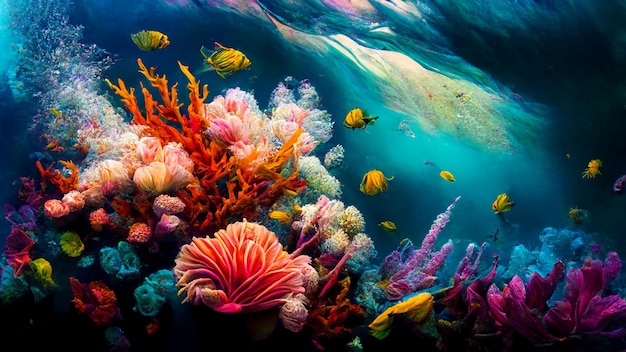 Un colorido arrecife de coral con un fondo azul y un pez nadando en el agua.