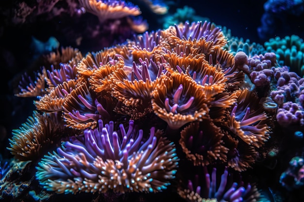 Un colorido arrecife de coral con un fondo azul.