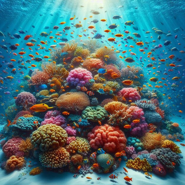Un colorido arrecife de coral con muchos peces tropicales nadando a su alrededor