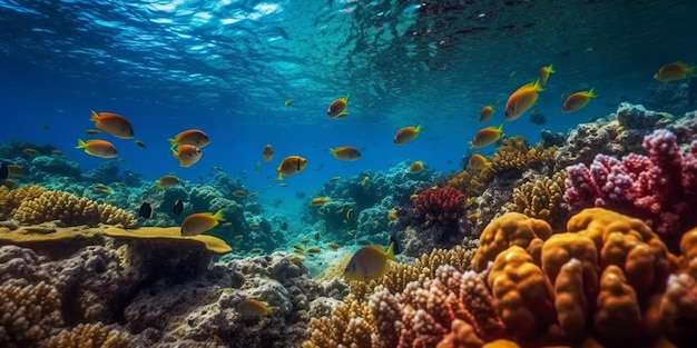 Colorido arrecife de coral con peces en agua azul clara Fotografía submarina