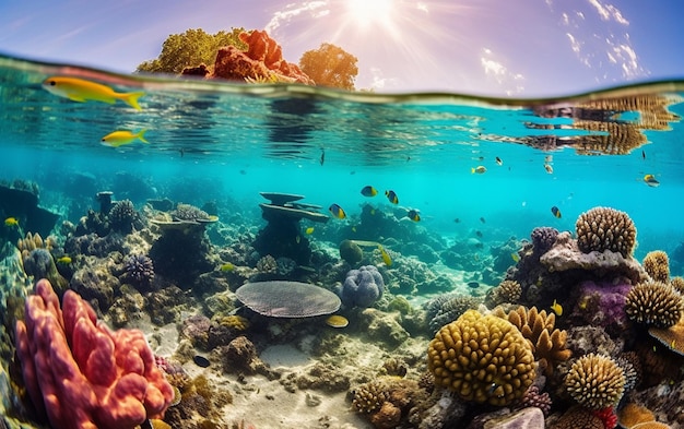 Un colorido arrecife de coral con peces y sol brillando sobre él