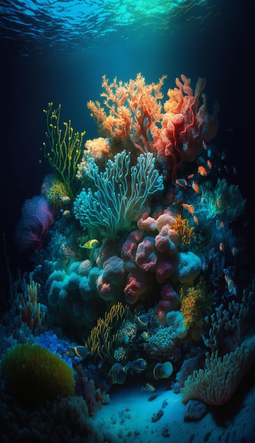 Un colorido arrecife de coral con un pez dentro.