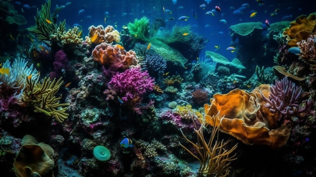 Un colorido arrecife de coral con un pez nadando a su alrededor.