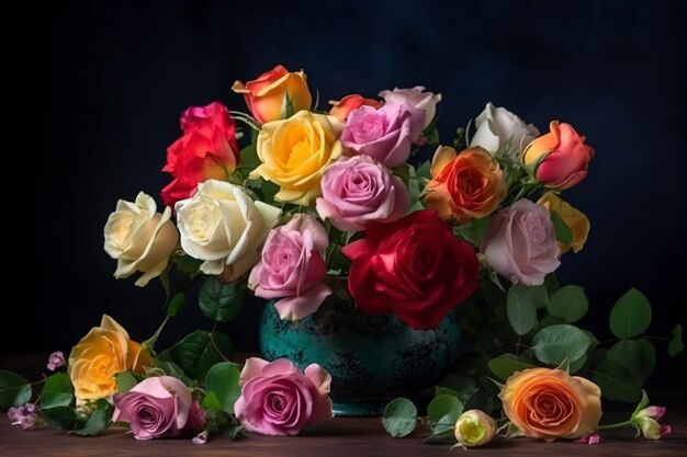 Colorido arreglo floral de primavera con rosas Texto en francés Merci significa gracias generar ai