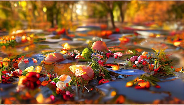 un colorido arreglo de flores está en el suelo con lirios de agua