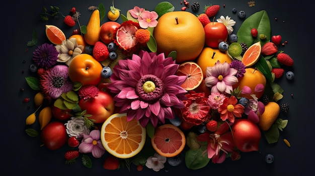 Un colorido arreglo de frutas con frutas sobre un fondo negro.