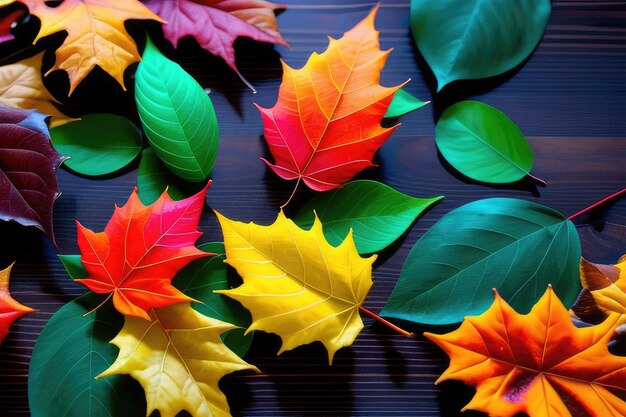 Colorido arreglo de hojas de otoño en una mesa de madera IA generativa