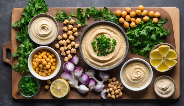 Un colorido arreglo de ingredientes frescos en una tabla de corte de madera garbanzos ajo limón ta