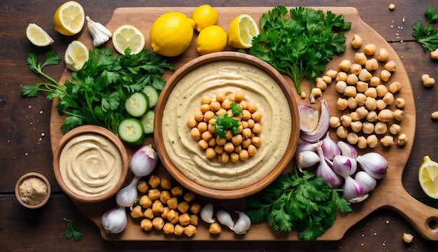 Un colorido arreglo de ingredientes frescos en una tabla de corte de madera garbanzos ajo limón ta