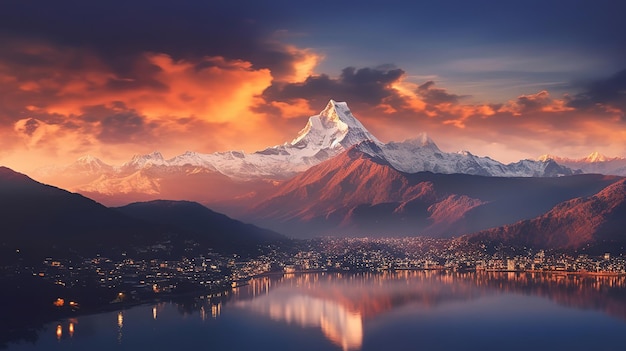 Colorido atardecer en las montañas del Himalaya Región de Annapurna Generativo ai