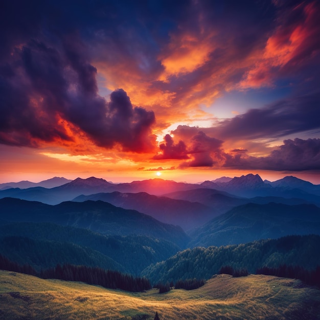 colorido atardecer en montañas con nubes