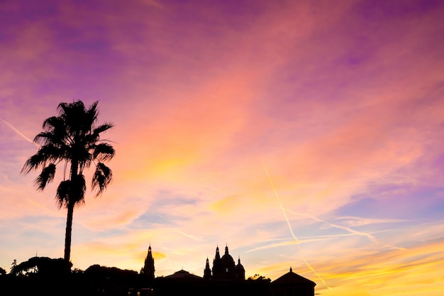 Colorido atardecer en Montjuic España silueta urbana negra de una palmera iglesias y nubes