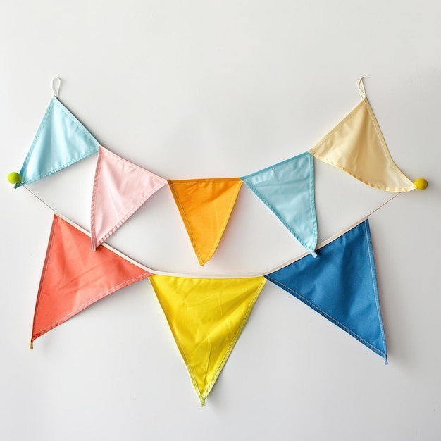 Colorido banderín triangular colgado en fondo blanco perfecto para decoraciones de fiesta o celebración exhibición alegre y festiva