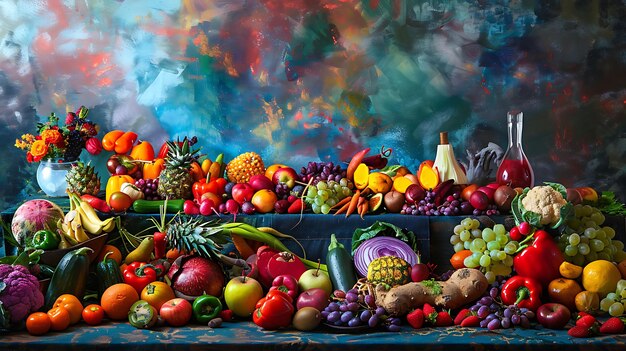 Colorido banquete vegano vibrante imagen de frutas y verduras frescas en una gran mesa