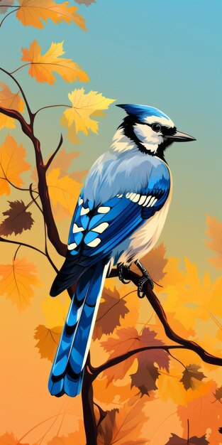 Colorido Blue Jay en la rama con hojas de otoño 2d arte de juego