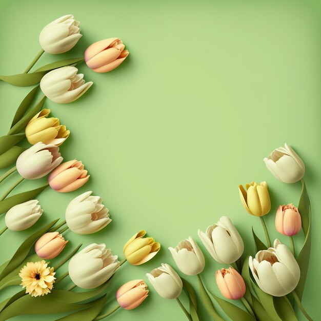 Un colorido borde floral con tulipanes amarillos y rosas sobre un fondo verde