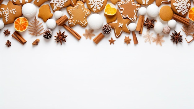 Un colorido borde de Navidad con pan de jengibre hoja de pino pequeñas lámparas tumbler lujo blanco se reunió