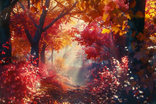 Un colorido bosque de otoño en llamas con follaje