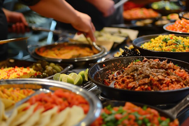 Un colorido buffet en un mercado de alimentos multiculturales