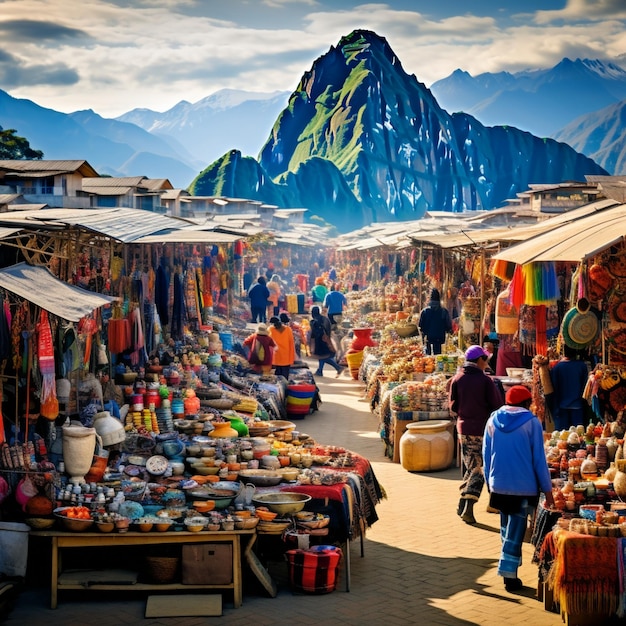 El colorido y bullicioso mercado local en Cusco con Machu Picchu en el fondo