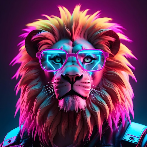 Foto colorido cabeza de león cyberpunk arte 3d usando gafas