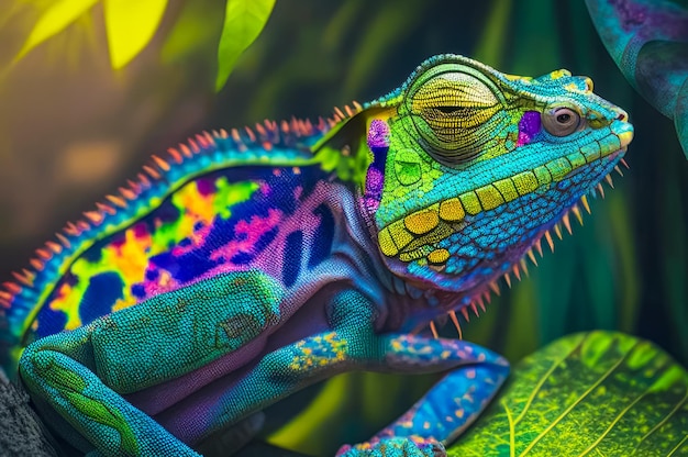 Colorido camaleón exótico lagarto salvaje o reptil AI generativa