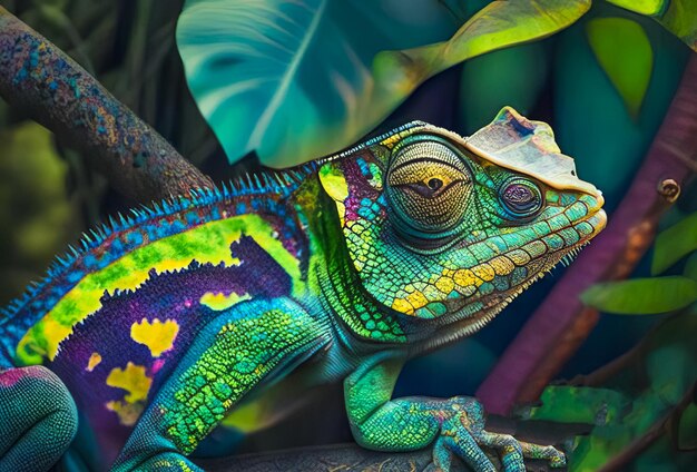 Colorido camaleón exótico lagarto salvaje o reptil AI generativa