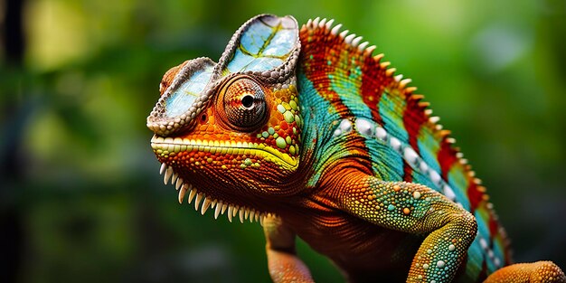 Un colorido camaleón de primer plano con una cresta alta en la cabeza IA generativa