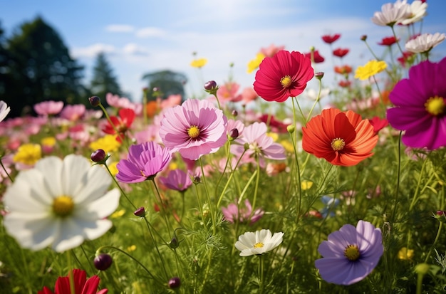 El colorido campo de flores del cosmos