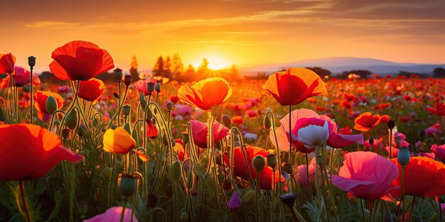 Foto un colorido campo de flores silvestres en el campo al atardecer