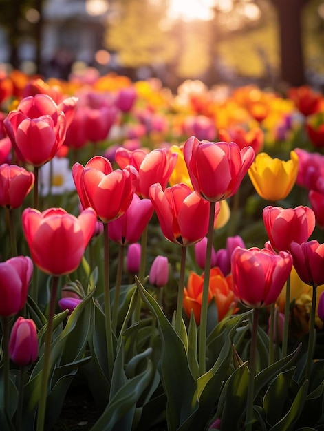 Un colorido campo de tulipanes en plena floración.