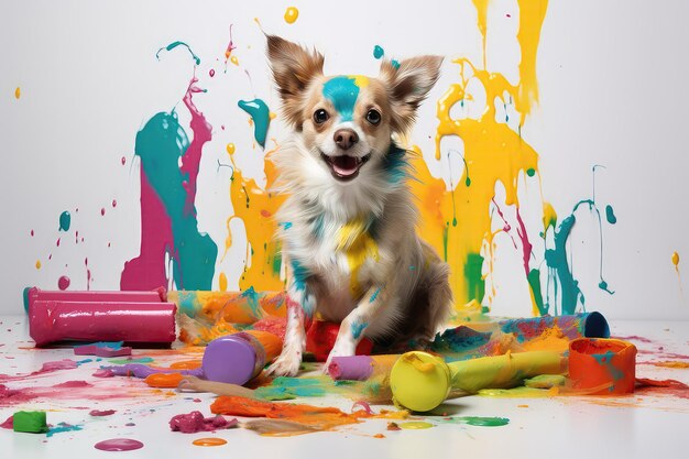 Foto el colorido caos del perro se involucra con la pintura el juego del desorden