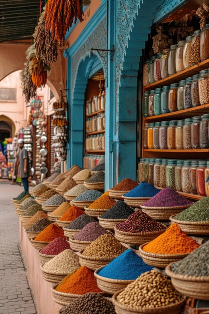 un colorido y característico bazar de especias fragantes Marruecos Marrakech