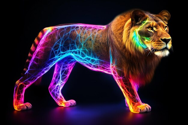 Foto el colorido carnívoro el león de luz de neón caza