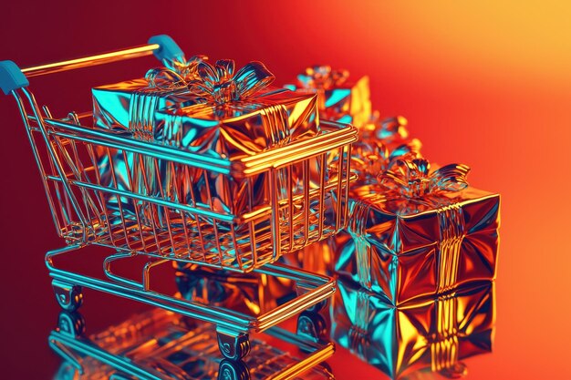 Un colorido carrito de compras lleno de formas y patrones geométricos abstractos