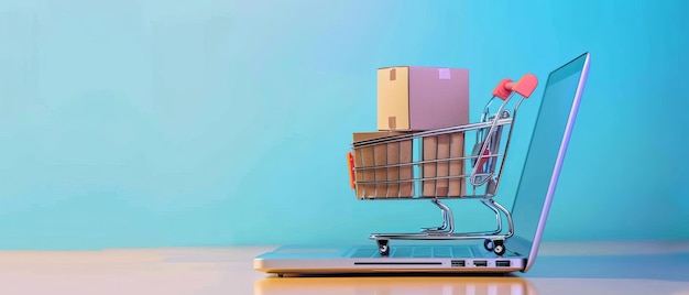 Un colorido carrito de compras lleno de paquetes de cartón se sienta encima de una computadora portátil que simboliza la integración del comercio electrónico y la entrega de productos