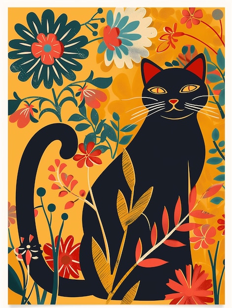 Un colorido cartel de estilo Art Nouveau con un estampado decorativo de gato