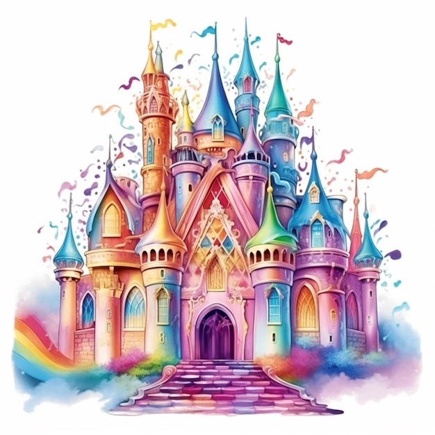 un colorido castillo con un arco iris y corrientes volando a su alrededor