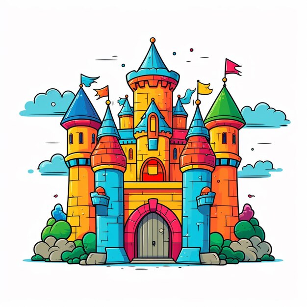 Foto un colorido castillo con una bandera y banderas volando por encima de él generativo ai