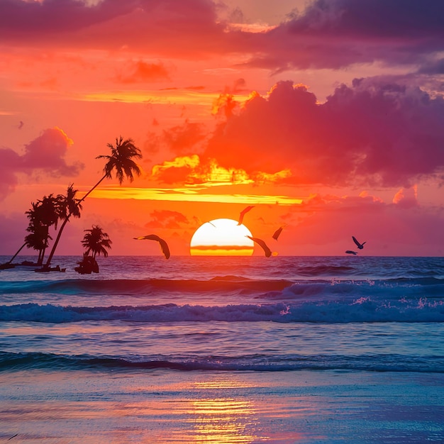 Foto colorido del cielo a la hora de la puesta de sol en la playa