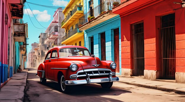 Foto un colorido coche clásico está conduciendo por la calle en la habana